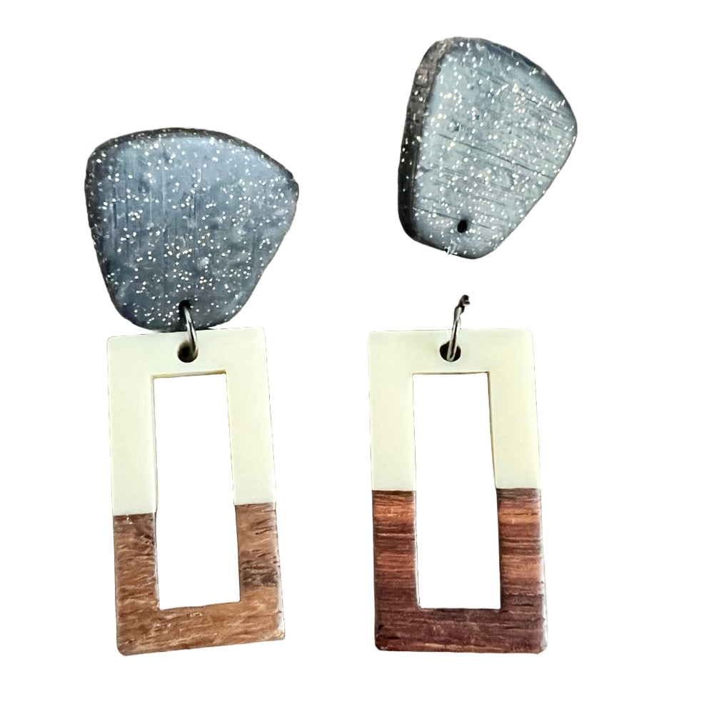 🍭6/$30 Funky rectangle mixed materials dangle post earrings - NEED REPAIR